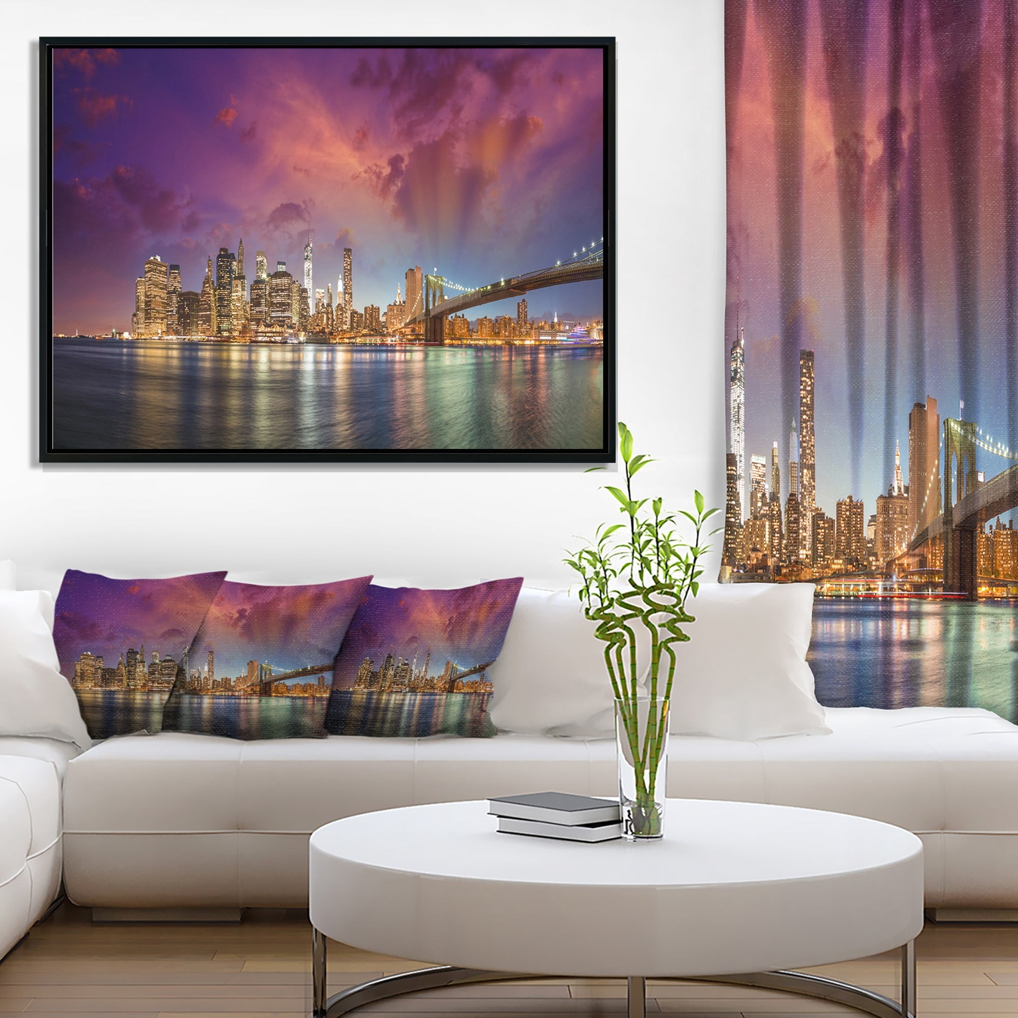 Design Art New York Manhattan Skyline with Clouds Framed Canvas Art Print