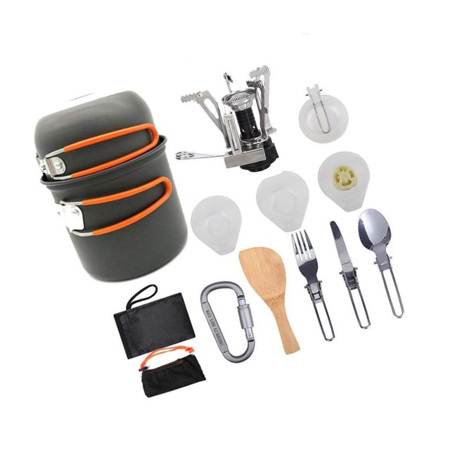 11pcs Camping Cookware Mess Kit w/ Outdoor Alloy Backpack Pot Stoves Carabiner Set Color_B