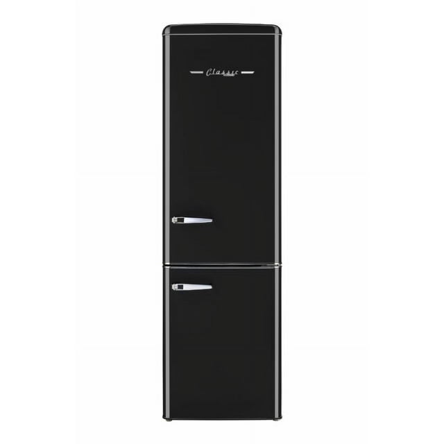 Classic Retro 9 cu. ft. Electric Bottom Freezer Refrigerator with Wine Rack in Midnight Black. This retro-style refrigerator features a fridge-on-top, freezer-at-the-bottom design with chrome-finished accents and zinc metal handles. It includes 4 adjustable glass shelves, a 4-bottle wine rack, and 4 full-width adjustable door shelves. The sleek midnight black finish and compact design make it suitable for homes, cabins, or garages.