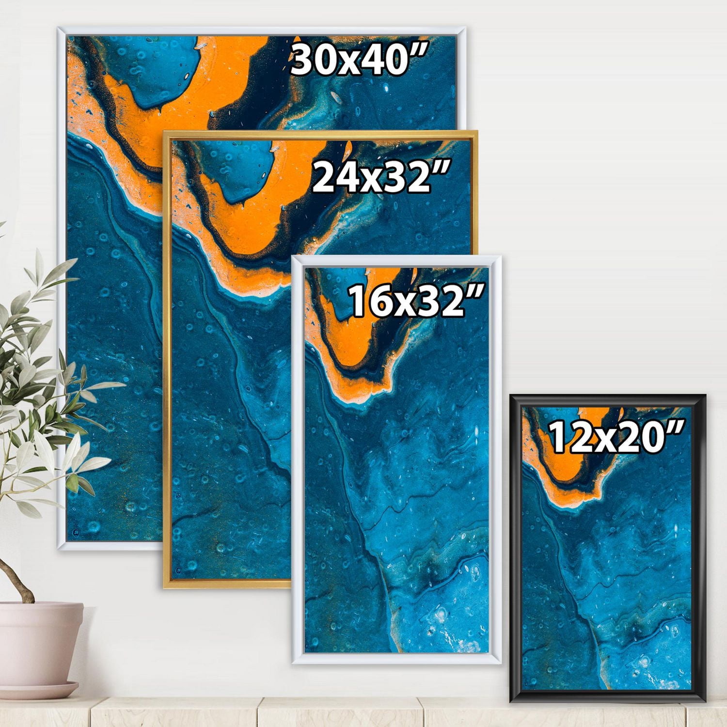 Designart Composition Abstraite En Marbre En Bleu Et Orange III ART MURAL À CADRE FLOTTÉ