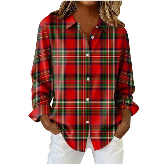 HAiming Plaid Shirt for Women Lapel Collar Button down Roll up Long Sleeve Soft Casual Tendy Tops