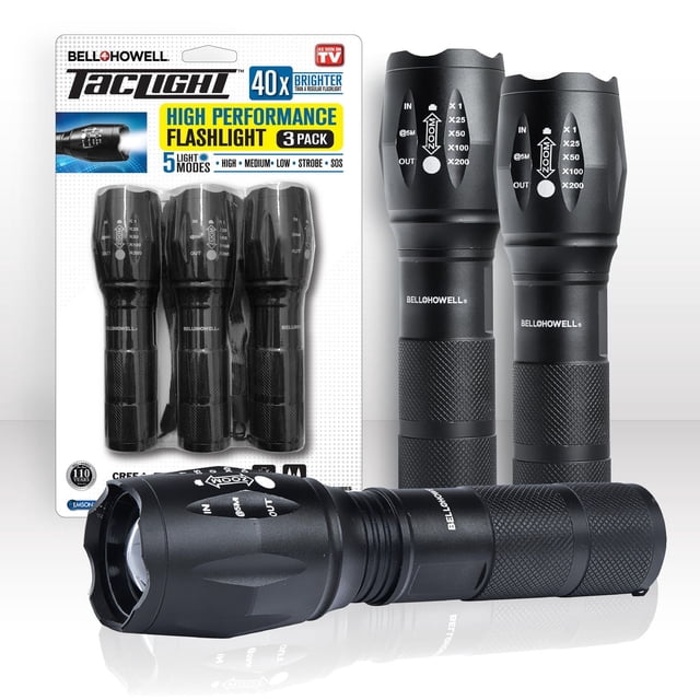 Bell + Howell Taclight Tactical Black Flashlight 3-Pack showing three black aircraft-grade aluminum flashlights with textured grips and zoomable heads marked from x1 to x200, featuring five light modes including high, medium, low, strobe, and SOS, displayed with retail packaging emphasizing ultra-bright LEDs and waterproof durability, ideal for emergency preparedness and outdoor activities.