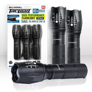 Bell + Howell Taclight Tactical Black Flashlight 3-Pack – Ultra Bright LED, 5 Modes, Zoomable, Waterproof, Durable Aluminum