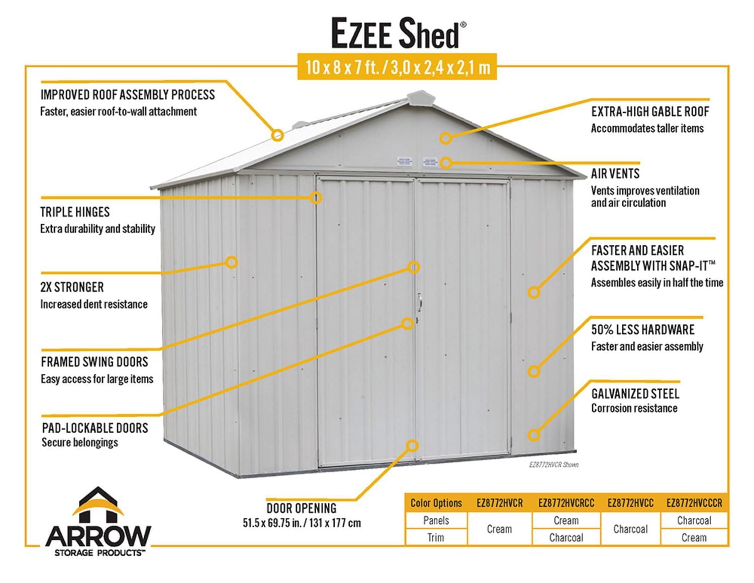 EZEE Shed Steel Storage 10 x 8 ft. Galvanized Extra High Gable Cream with Charcoal Trim