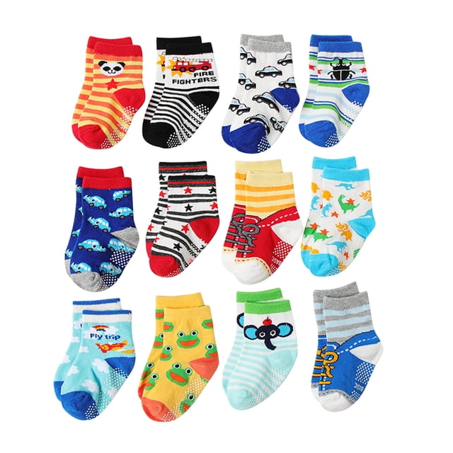 Zanarzt Chaussettes pour Tout-Petits Chaussettes pour Enfants Lot de 12 Chaussettes Unisexes pour Bébé et Tout-Petit avec Imprimés de Dessins Animés en Couleurs Vibrantes, Conçues pour 0-12 Mois. Inclut des Semelles Antidérapantes Adhérentes pour Plus de Sécurité et des Poignets Hauts aux Chevilles pour Empêcher le Glissement. Fabriquées en Coton Respirant, polyester et Mélange Élastique pour le Confort et l'Étirement. Convenant à une Utilisation Intérieure et Extérieure, Ces Chaussettes Sont Lavables à la machine et Idéales comme Cadeaux pour Tout-Petits.