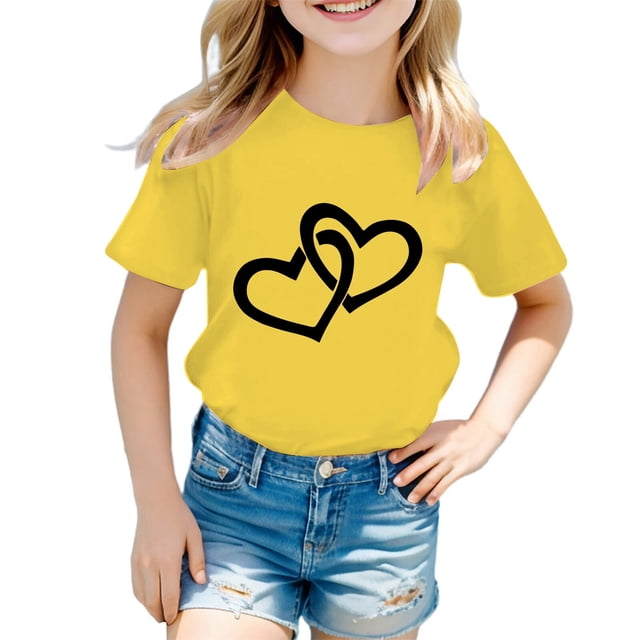 PMVFHDE T-Shirts Fille T-Shirt Enfant Filles Mignon Graphique Col Rond Manches Courtes Tee Été Décontracté T-Shirt Jaune, 9-10 Ans
