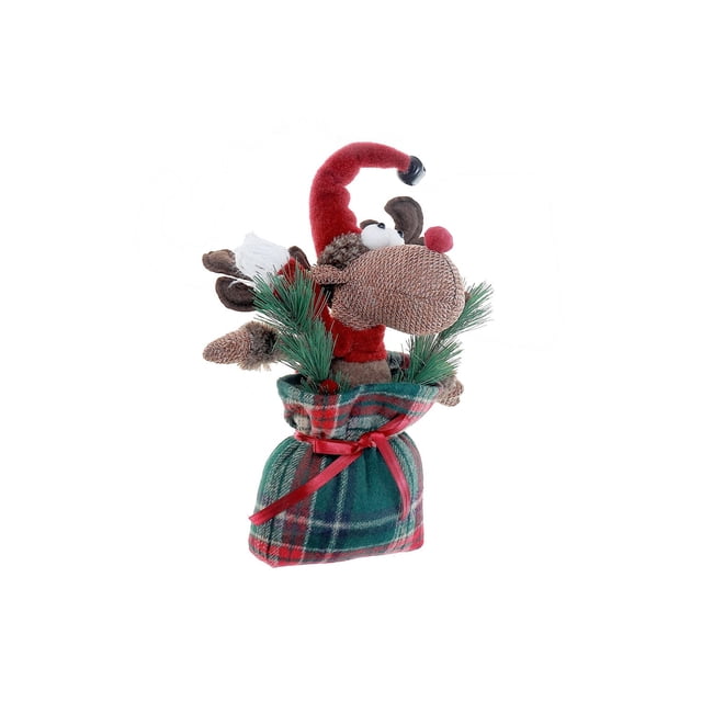 Moose Plush Sitting In Sack featuring a soft polyester moose with a textured brown face, red Santa hat, and red nose, nestled in a green and red plaid fabric sack tied with a red ribbon, accented with faux pine branches, suitable for festive home décor or as a plush toy.