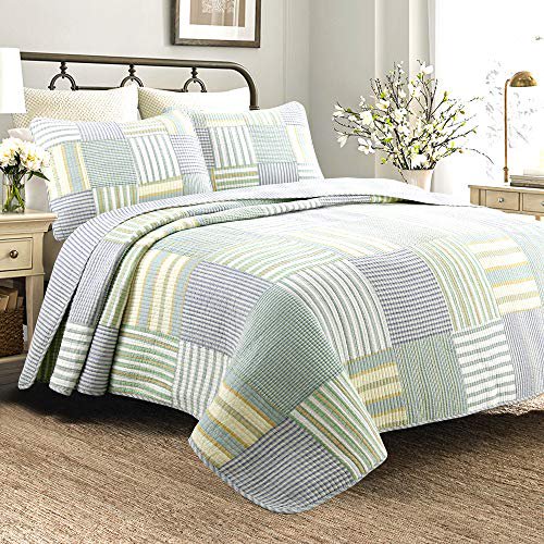 Cozy Line Home Fashions Vert Terre de Sienne Jaune Bleu à Carreaux Rayé Patchwork 100 % Coton, Couvre-Lit Réversible, Jeté de Lit, Courtepointe Be