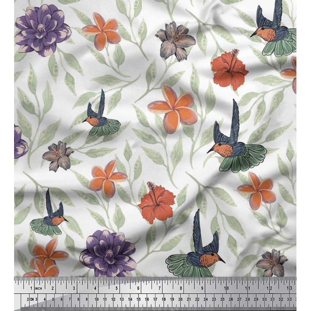 Soimoi White Poly Georgette Fabric Flying Bird & Floral Print Sewing Fabric BTY 52 Inch Wide
