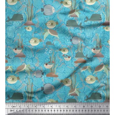 Soimoi Moss Georgette Fabric Coral,Fish & Sea Turtle Ocean Print Fabric by the Yard 42 Inch Wide