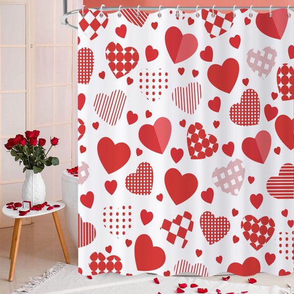 Rideau de Douche de la Saint-Valentin, Rayé Rouge à Pois Cœur d'Amour Doux Romantique Féminin Rideau de Salle de Bain Tissu Imperméable Lavable à la Machine avec Crochets, 36 Pouces L X 72 Pouces L