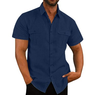 CHOK Mens Cotton Linen Shirts 2024 Casual Tops Solid Short Sleeve Stand Collar Buttons Pullover Blouse Blue
