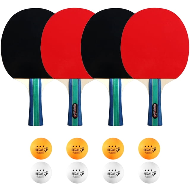 Amdohai Table Tennis Ball and Bat Set featuring 4 ping pong paddles with red and black rubber surfaces, ergonomic handles, and 8 three-star practice balls in white and orange. Includes a storage handbag for easy transport. Suitable for beginners and professionals, ideal for indoor and outdoor use.