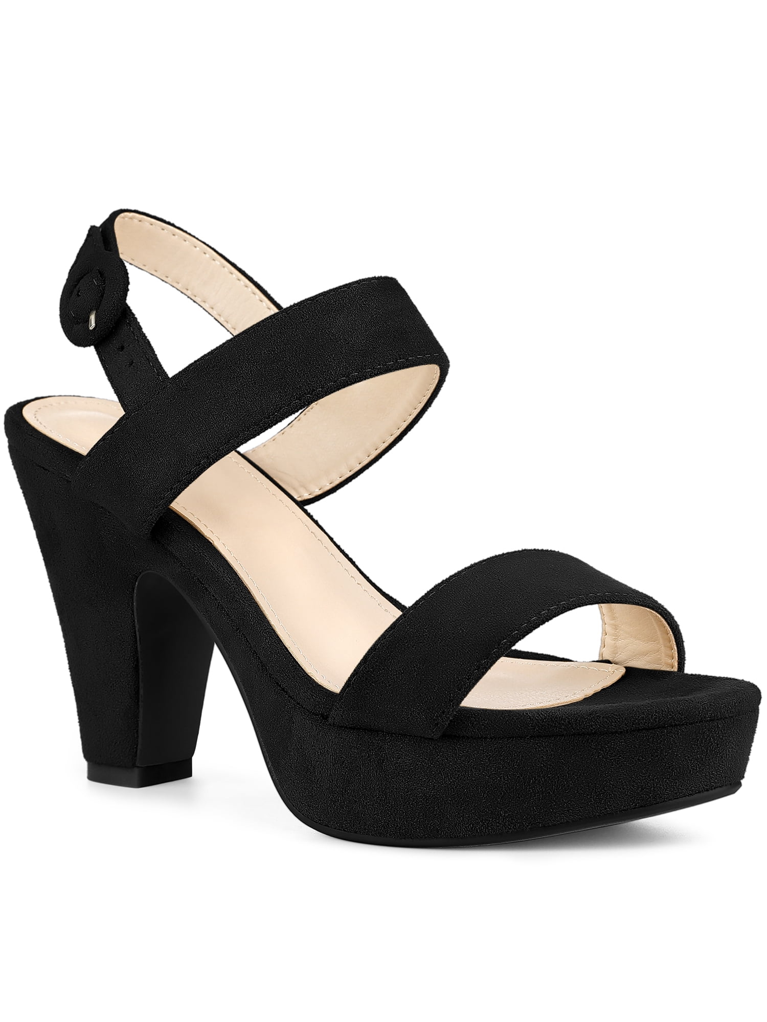 BLISSFUL STEP Women Platform Slingback Block Heeled Sandals Black 10