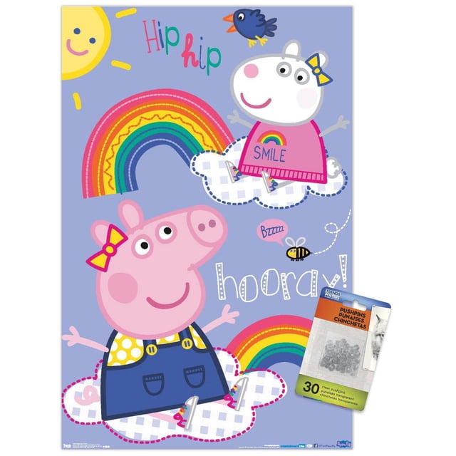 Peppa Pig - Hooray Wall Poster, 22.375" x 34" featuring Peppa Pig and a white character with a yellow bow sitting on white checkered clouds with colorful rainbows, a smiling sun, a blue bird, and a buzzing bee on a light blue background, with 'Hip hip hooray!' text in playful fonts. The glossy poster includes clear pushpin clips for easy hanging and is suitable for kids' room decor or party decoration.