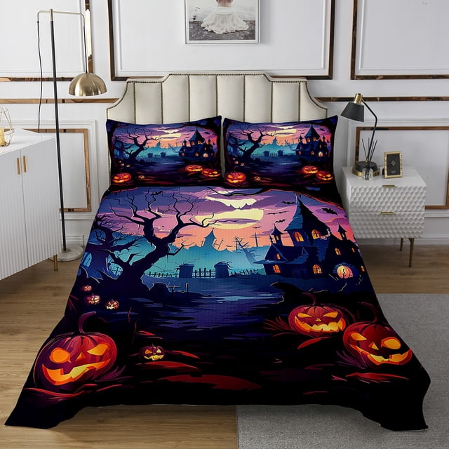 Erosebridal Halloween Castle Gothic Horror Pumpkin Print King Bedspread Set