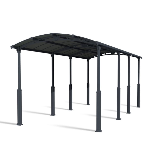 CANOPIA by PALRAM Alpine 12 ft. x 28 ft. RV, Carport and Boat Shelter in grey with a rust-resistant aluminum and galvanized steel frame, eight vertical posts, and a curved roof of 6 mm twin-wall polycarbonate panels offering UV protection and 15% light transmission, suitable for protecting vehicles and boats from sun, snow, and rain.