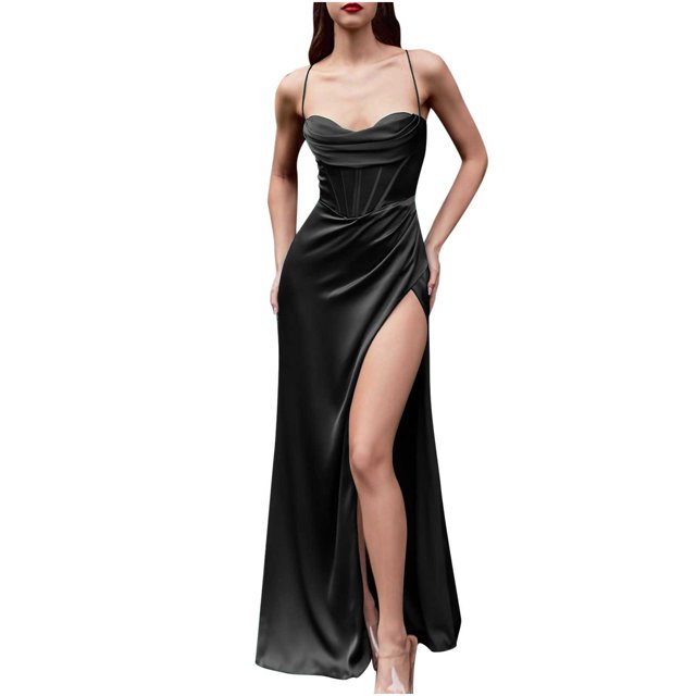 EQWLJWE Robe Longue pour Femmes Femme Mode Unie à Bretelles Sans Manches Robe Longue Robe Taille Haute