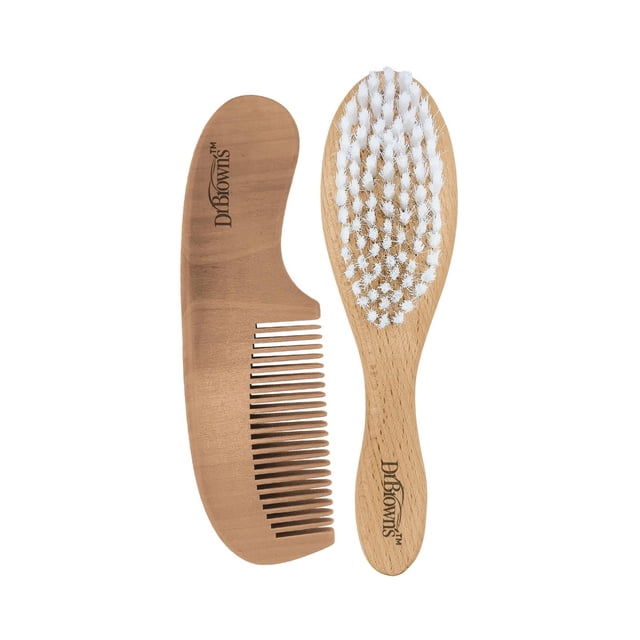 Dr. Brown's Healthy Baby Care, Soft and Safe Baby Brush + Comb set with a natural wood brush featuring soft white bristles and a wooden comb with smooth teeth, both sized for babies and designed to gently detangle and stimulate scalp circulation for all hair types.