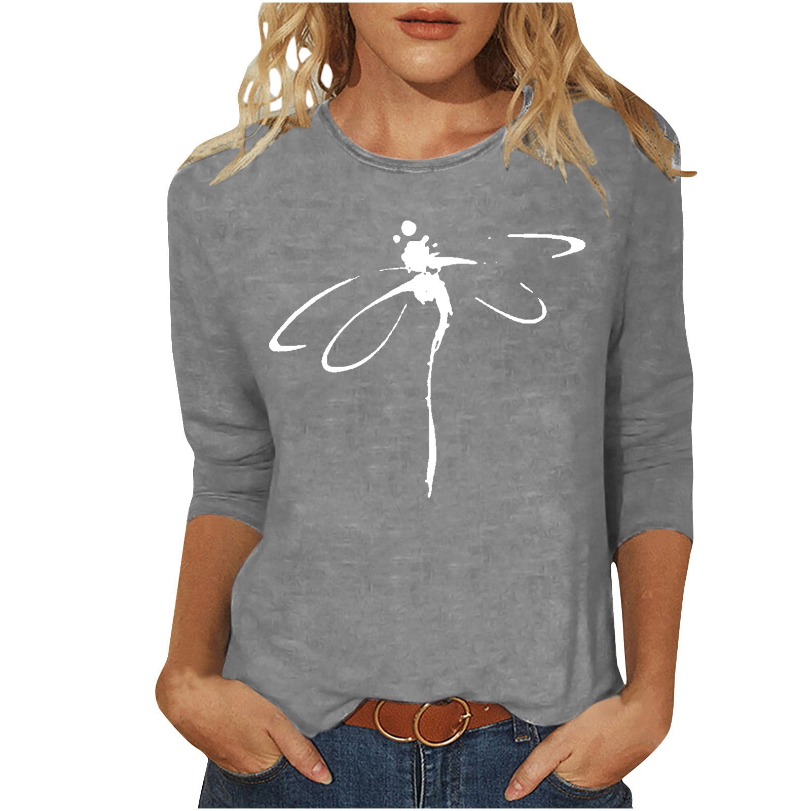 IROINID Liquidation T-Shirts à Manches Longues pour Femmes Imprimés Amples Pleine Longueur Manches 3/4 Blouse Col Rond Hauts de Détente, Gris