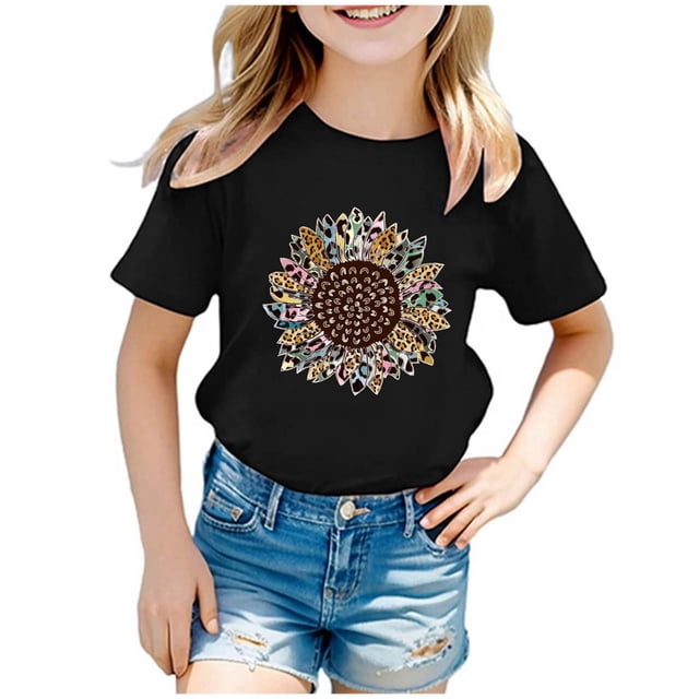 PMVFHDE T-Shirt Graphique pour Enfants à Imprimé Tournesol, Col Rond, Manches Courtes, Haut Décontracté, Tee pour Fille, 2-Black, 7-8 Ans