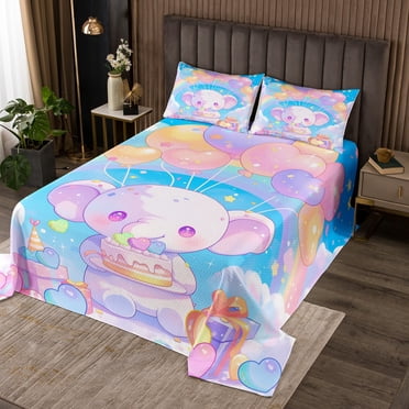 Couvre-lit Éléphant de Dessin Animé Format Simple, Ensemble de Literie Gâteau Ballons Colorés pour Déco de Chambre Garçons Filles, Ensemble de Couette Animal pour Fête d'Anniversaire Courtepointe Douce en Polyester, 1 Taie d'Oreiller