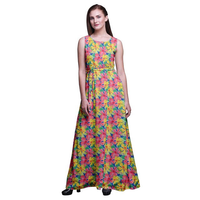Bimba Robe Longue Décontractée Sans Manches à Col Rond pour Femmes, Imprimé Floral, Très Petit