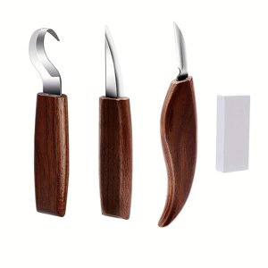 MesaSe 3-Piece Premium Walnut Wood Carving Knife Set - Includes Bending  Straight  and Carving Knives  Anti-Cut Gloves  Wooden Spoon  and Hand Carving Pattern Tool - Perfect for Woodworki