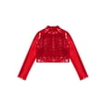 thumbnail image 3 of RUNQHUI Enfants Filles Col Roulé Métallique Haut Court de Danse Paillettes Brillantes Chemise à Manches Longues pour Danse Raves Festivals Sports Rouge 8, 3 of 5