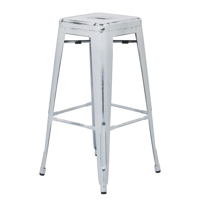 OSP Designs Bristow 30" antique white metal barstool with a square seat featuring a built-in handle, four tapered legs with crossbars for stability, and a distressed finish with rubber feet to protect floors, ideal for kitchen, dining, or outdoor deck seating.