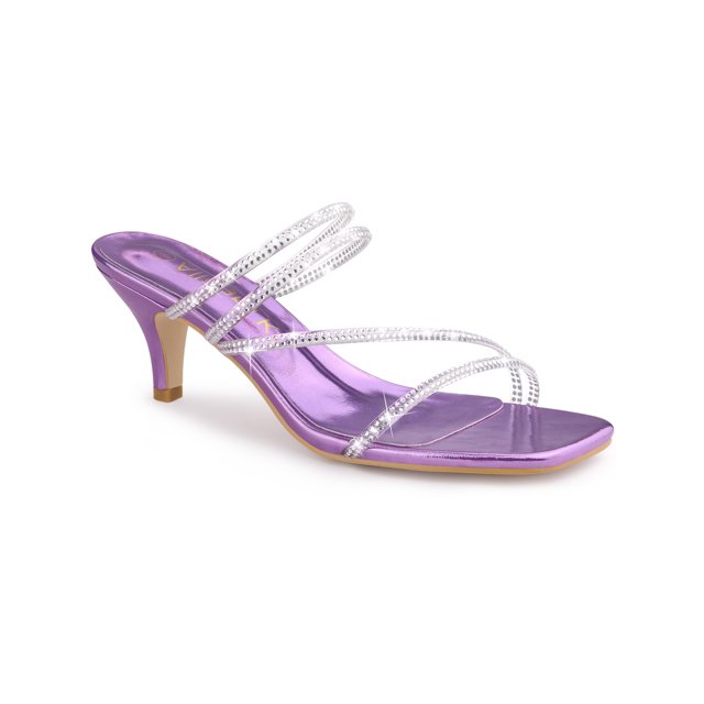 BLISSFUL STEP Women's Slide Sandal Rhinestone Strappy Square Toe Kitten Heel Slide Sandals Purple 7