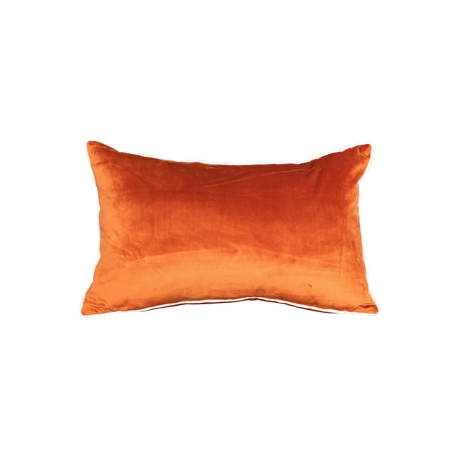 Gouchee Home Rana Cushion, a rectangular throw pillow with burnt orange velvet fabric shell and polyester filling, featuring a zipper closure for easy removal and hand wash care, suitable for adding colour and texture to home décor.