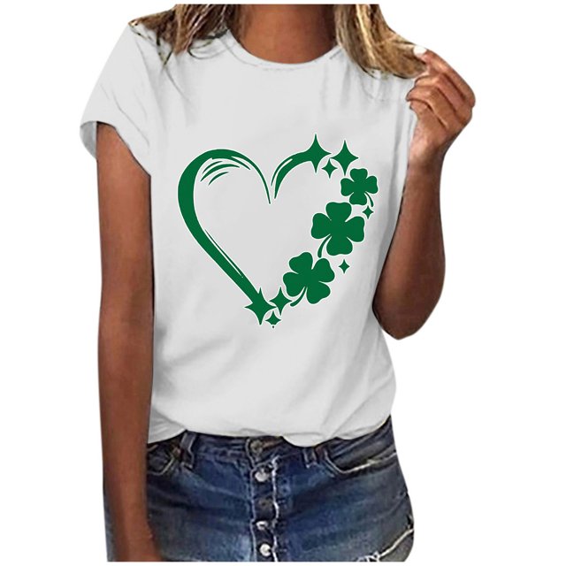 TopLLC St. Patrick's Day Patricks Day Chemises pour Femmes Hauts de Sarrau St Patricks Day Mode pour Dames St. Imprimé Cœur Manches Courtes Col Rond Chemise Femme Décontractée Ample