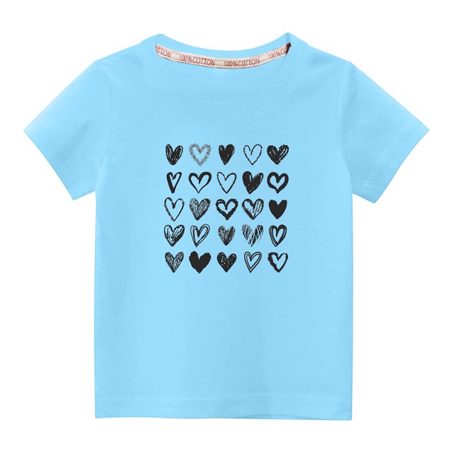 Penkiiy T-shirt en Coton pour Tout-Petits Garçons Filles Mode Mignon Col Rond Imprimé Saint-Valentin Manches Courtes 9-10 Ans Bleu