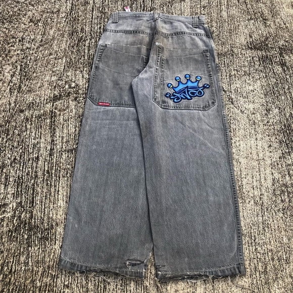 Jeans Amples pour Hommes et Femmes JNCO Y2K Style Rétro Jeans Amples Hip-Hop Punk Jeans Noirs Motif Harajuku Broderie Mode Urbaine ZR