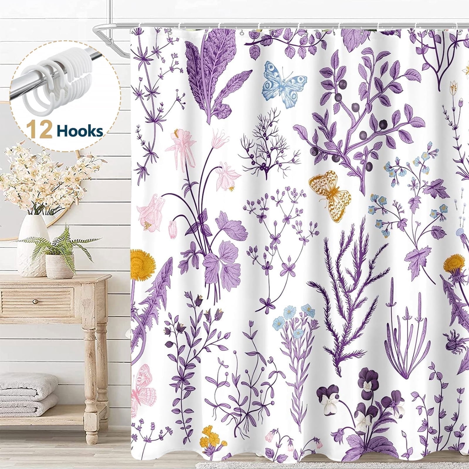Dznils Rideau de Douche en Tissu à Motif Floral Violet, Rideau de Salle de Bain Imperméable avec 12 Crochets, 72 Pouces x 72 Pouces