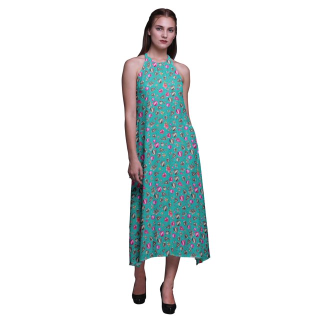 Bimba Robe Décontractée Florale Longue Dos Nu à Col Licou pour Femmes, Robe de Plage Imprimée - Xxx-Grand