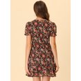 thumbnail image 3 of Unique Bargains Manches Bouffantes Florales Femmes V Cou Cordon Volant Froncé Robe Noire S, 3 of 4