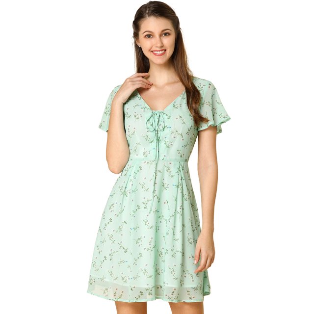 INSPIRE CHIC Robe en Mousseline à Fleurs pour Femme, Col en V, Manches Courtes Évasées, à Lacets et à Fermeture Éclair, L Vert Pâle
