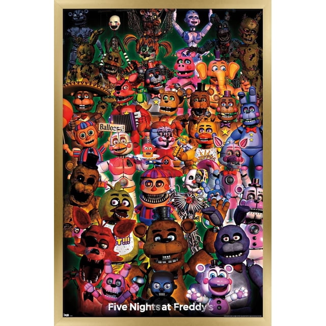 Five Nights at Freddy's - Affiche Murale de Groupe Ultime, 22,375 Po x 34 Po Encadrée, Présentant un collage avant de Personnages Animatroniques Colorés de la Série de Jeux. l'Affiche Montre des Ours Détaillés, des Lapins, des Renards et d'Autres Figurines Mécaniques avec des textures et des Accessoires Variés sur un Fond Vert Foncé. le logo white Five Nights at Freddy's Apparaît au Bas. Convient à une Oeuvre Murale Vibrante dans les Chambres, les Bureaux Ou les