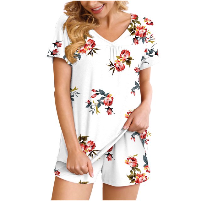 Birdeem Ensemble de Pyjama Confortable pour Femmes 2 Pcs Col en V Manches Courtes Ensemble de Sport