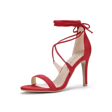 BLISSFUL STEP Women's Shoes Stiletto High Heel Ankle Wrap Tie Open Toe Faux Suede Sandals Red 10