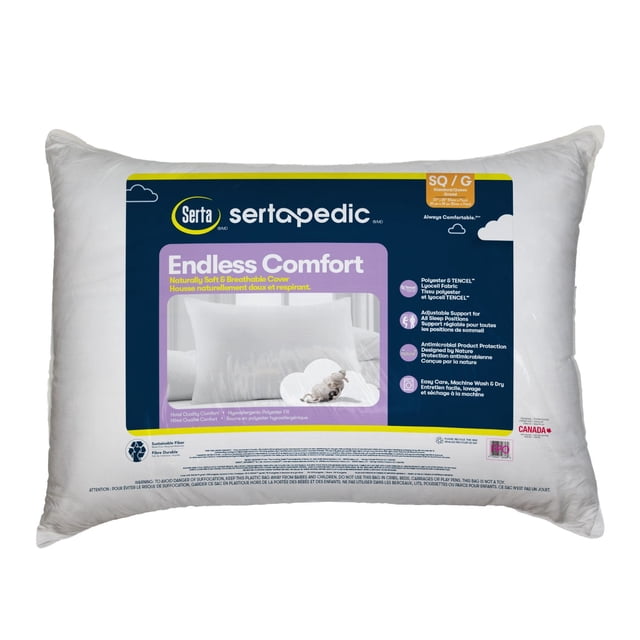 Serta Endless Comfort pillow in standard/queen size featuring a breathable polyester and Tencel fabric cover with antimicrobial protection and adjustable support for all sleep positions, designed for easy care and natural comfort, displayed in original packaging with bilingual text.