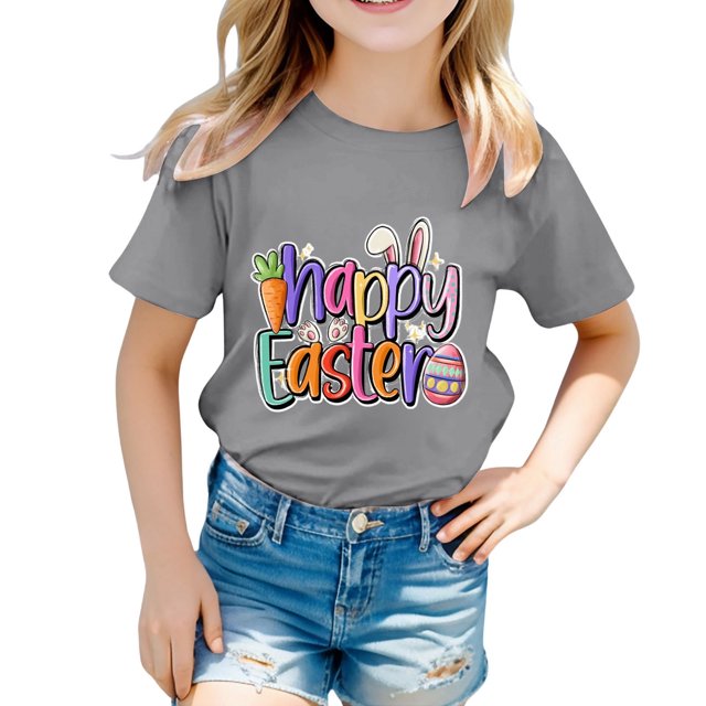 MIASHUI T-Shirt Amusant pour Enfants avec Lapin, Filles Garçons, Manches Courtes, Col Rond, Pâques, Gris, 10-11 Ans