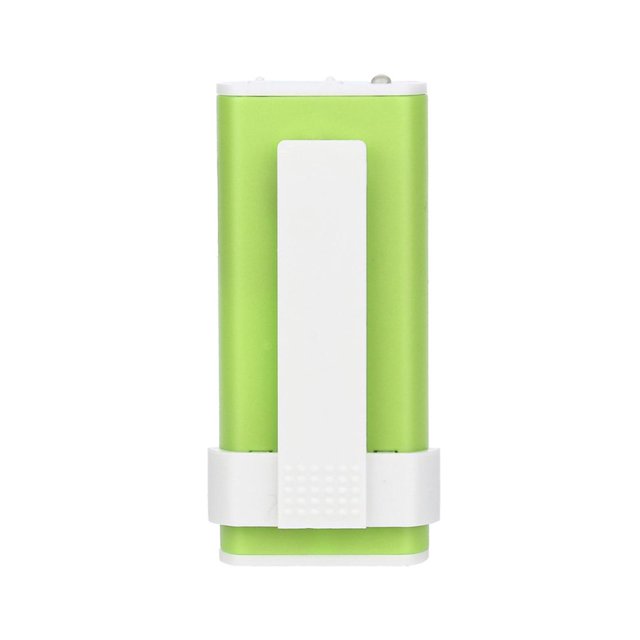 Music MP3 player digital MP3 player clip MP3 mini USB MP3 mini flashlight in a compact design. The device features a green body with a white clip for easy attachment, making it portable and convenient for on-the-go use. Compatible with TF cards and USB connectivity.