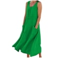 thumbnail image 3 of BiZtdJrK Robe Débardeur Bohème pour Femmes Été Sans Manches en Lin Robe de Plage Unie Col Ras du Cou Plissée Décontractée Robes d'Été avec Poches, Vert, G, 3 of 8