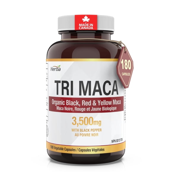 Herba Organic Tri Maca Root for Men & Women 3500mg – 180 Capsules | Yellow, Black, Red Maca for Women & Men | Sourced from Peru | Made in Canada