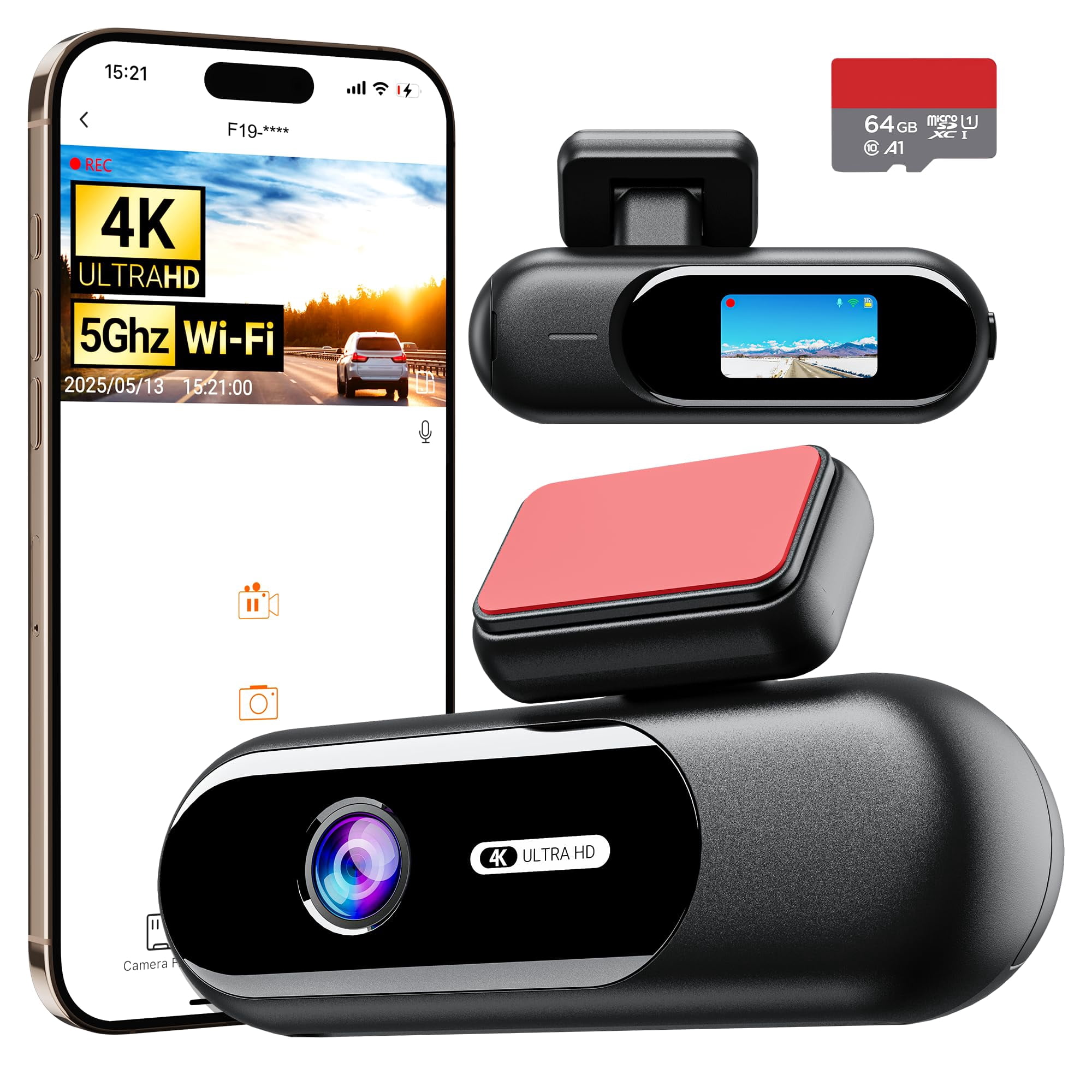 4K Dash Cam Front,Built-in 5G WiFi,64GB Card Included, Dash Camera for Cars, Mini 1.5" IPS Screen Dashcam with App Control,Super Night Vision, Loop R