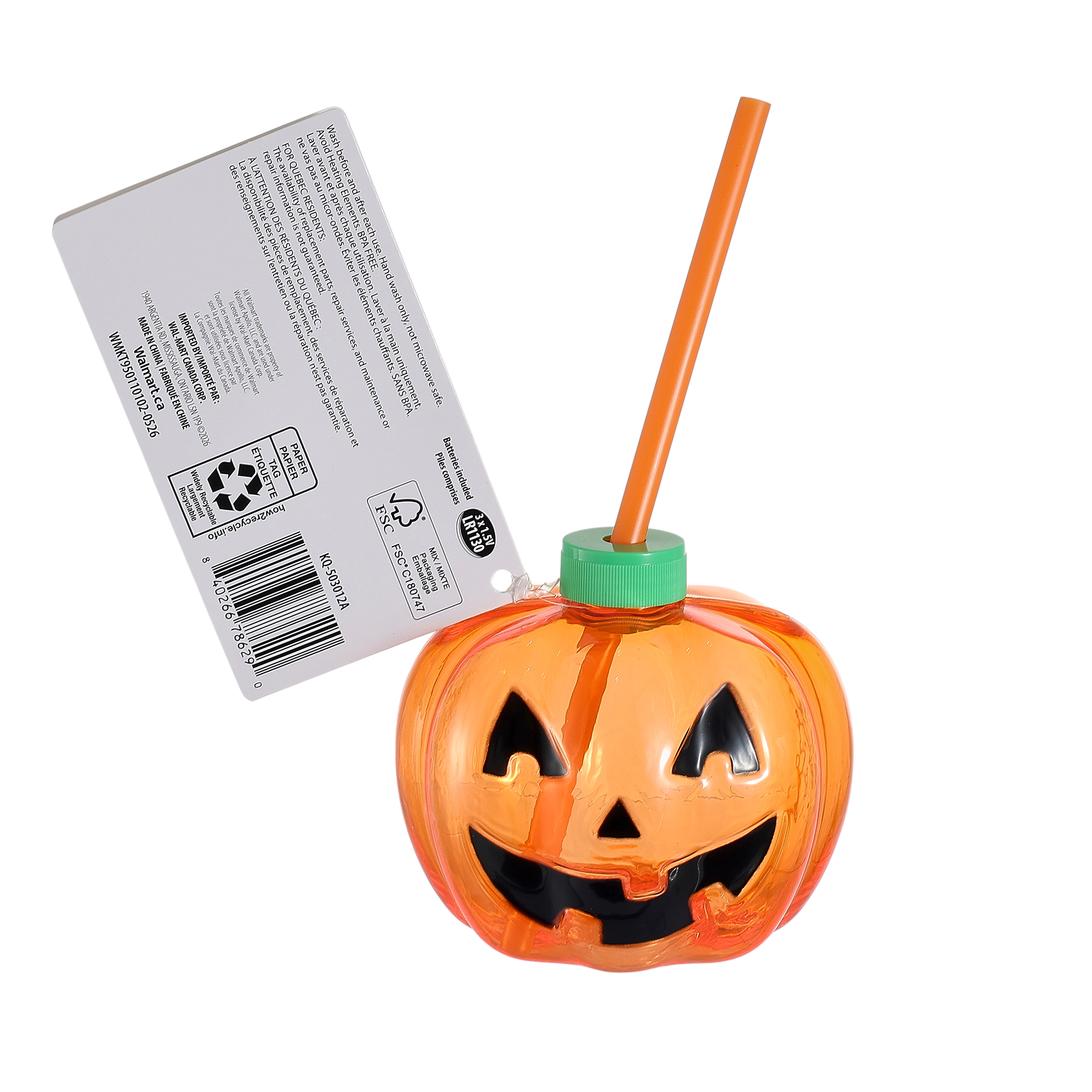 Gobelet lumineux citrouille d’Halloween, Orange translucide, Gobelet avec couvercle et paille, Âges 3+, Favors de fête, par Way to Celebrate