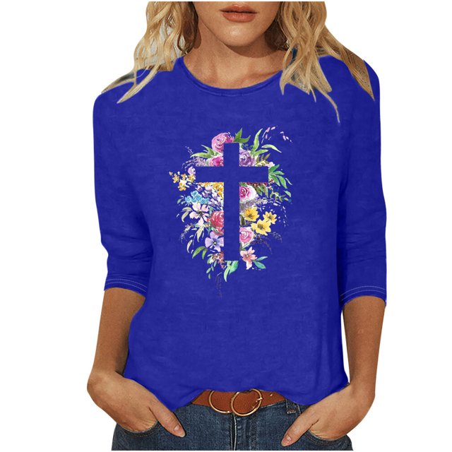 Blouses pour Femmes T-Shirt Imprimé Blouse à Manches 3/4 Col Rond Décontracté, Blouses pour Femmes T-Shirts pour Femmes, Blouses pour Femmes Décontractées